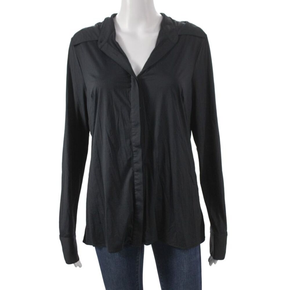 Luxeire Women Collared Black Long Sleeve Button-Up Blouse Size XL